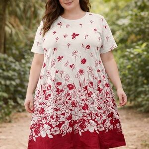 Serengeti White & Red Floral XL Maxi Dress Short Sleeve Women’s A-Line Pullover